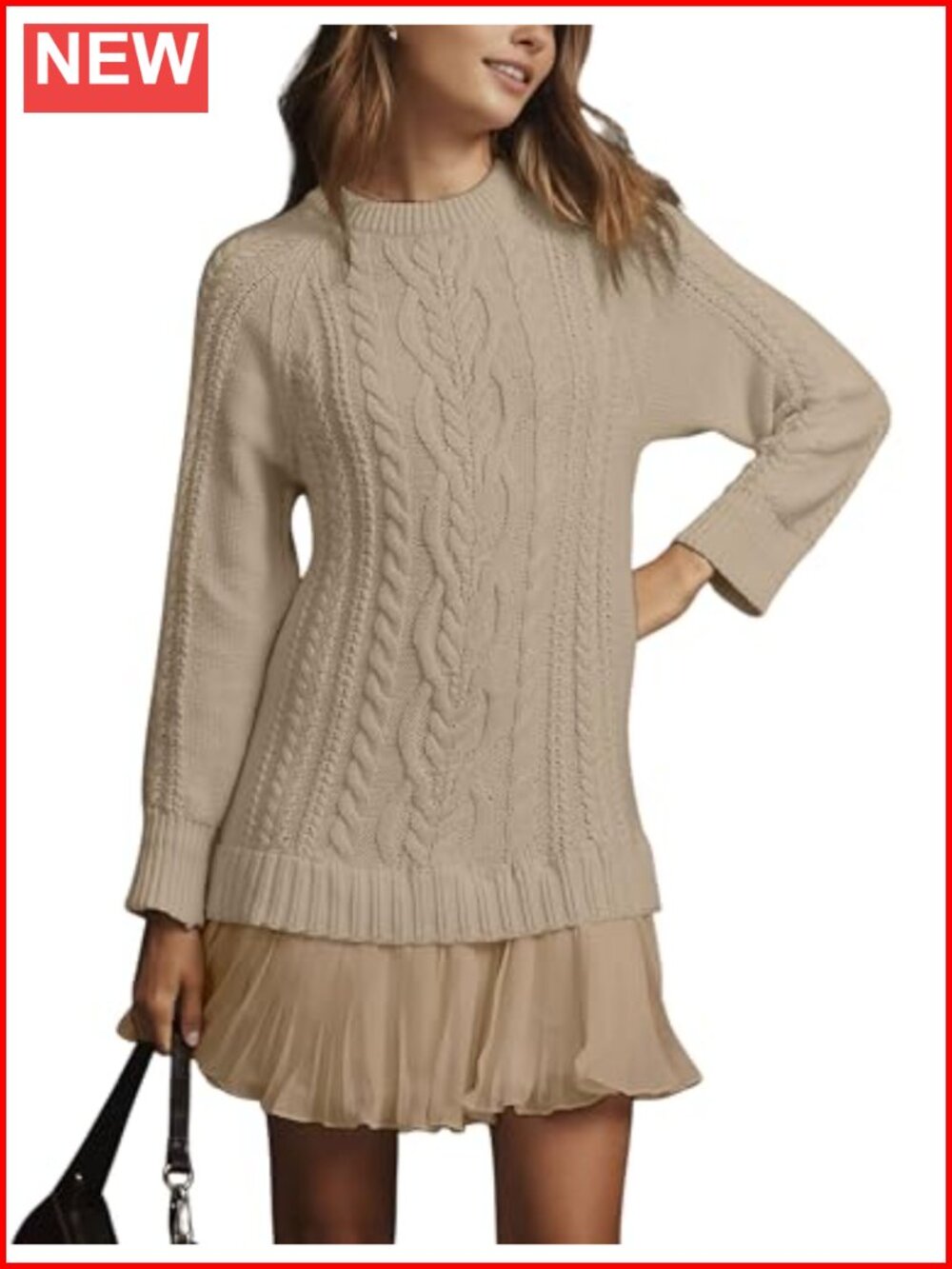 Cable Knit Sweater Mini Dress Crewneck Long Sleeve Pleated Twofer Style